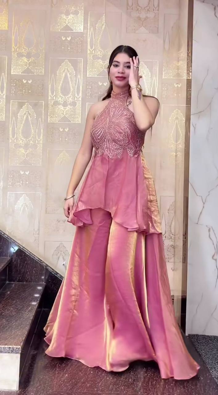 Premium Fendy Silk Top & Sharara Palazzo Set – Heavy Beads & Moti Hand Work