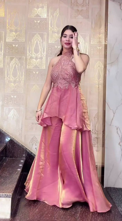 Premium Fendy Silk Top & Sharara Palazzo Set – Heavy Beads & Moti Hand Work