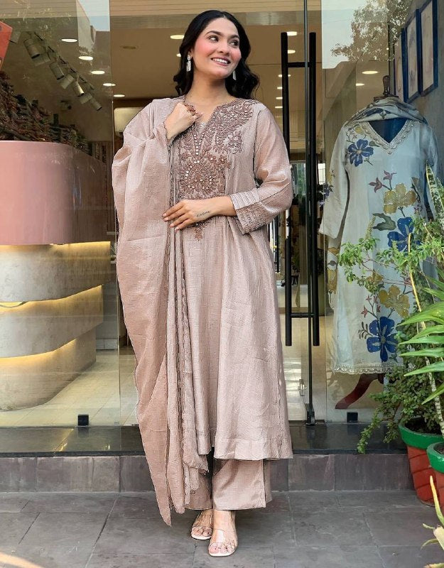 Premium Roman Silk Kurta Pant Set – Embroidery Work with Chanderi Silk Dupatta