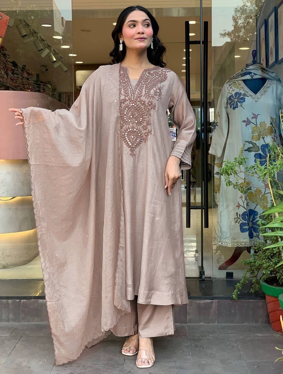 Premium Roman Silk Kurta Pant Set – Embroidery Work with Chanderi Silk Dupatta