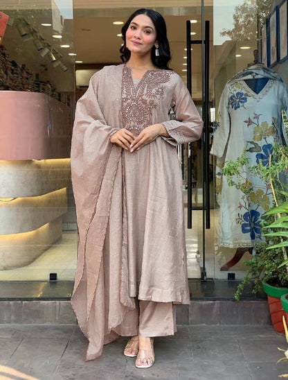 Premium Roman Silk Kurta Pant Set – Embroidery Work with Chanderi Silk Dupatta