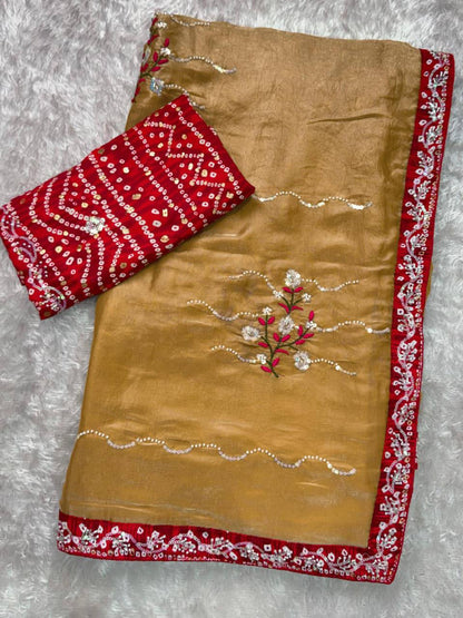Premium Fandy Satin Saree – Pearl & Beads Embroidery with Bandhej Blouse