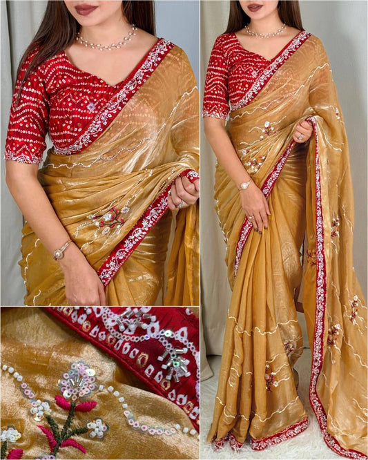 Premium Fandy Satin Saree – Pearl & Beads Embroidery with Bandhej Blouse