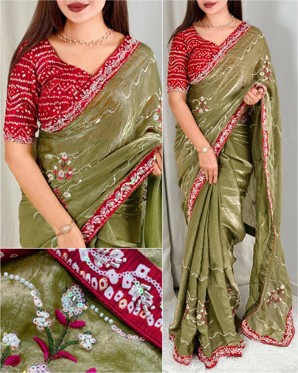 Premium Fandy Satin Saree – Pearl & Beads Embroidery with Bandhej Blouse