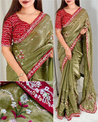 Premium Fandy Satin Saree – Pearl & Beads Embroidery with Bandhej Blouse