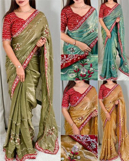Premium Fandy Satin Saree – Pearl & Beads Embroidery with Bandhej Blouse