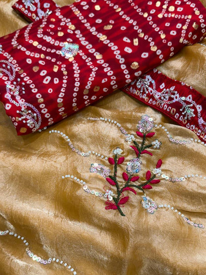 Premium Fandy Satin Saree – Pearl & Beads Embroidery with Bandhej Blouse