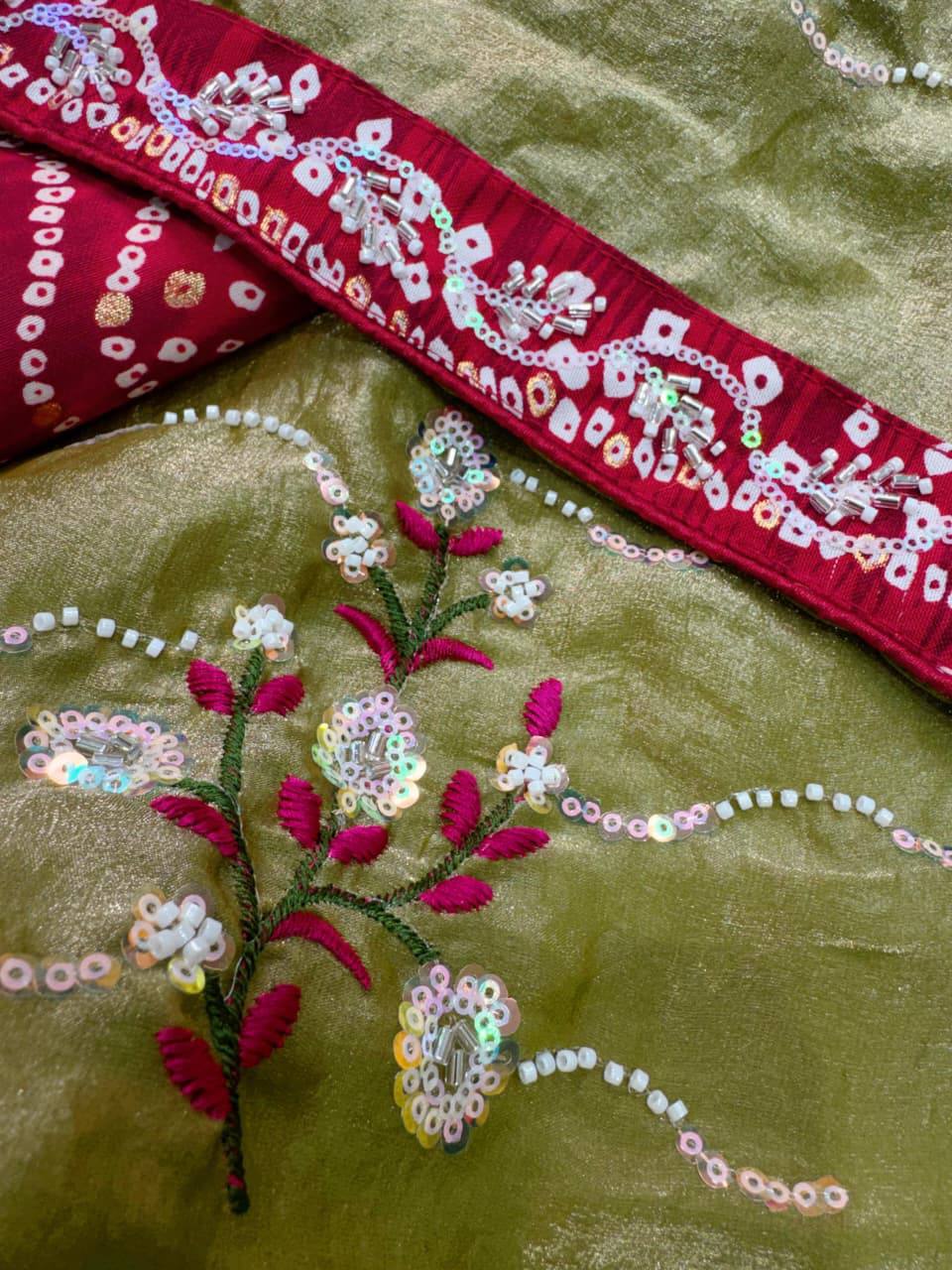 Premium Fandy Satin Saree – Pearl & Beads Embroidery with Bandhej Blouse