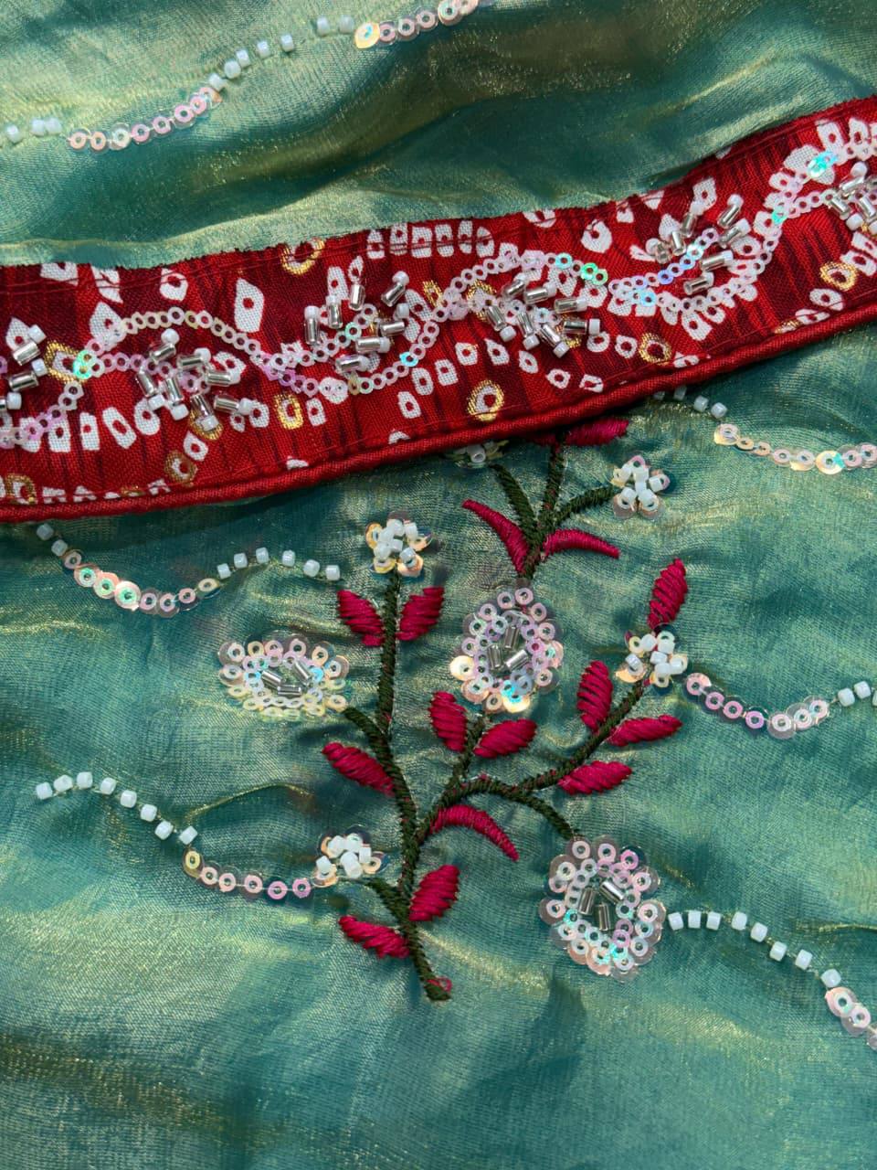 Premium Fandy Satin Saree – Pearl & Beads Embroidery with Bandhej Blouse
