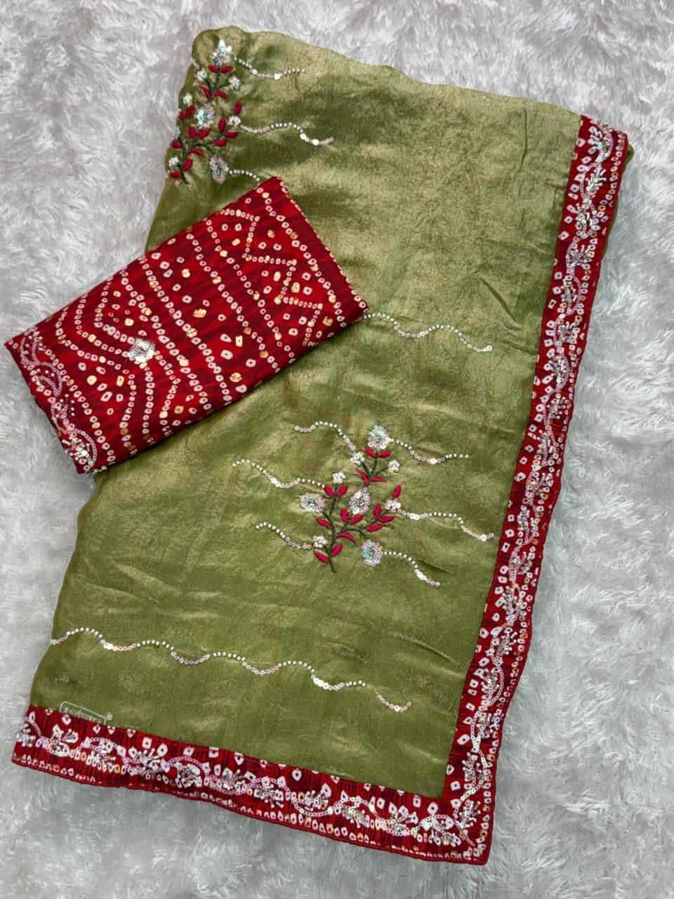 Premium Fandy Satin Saree – Pearl & Beads Embroidery with Bandhej Blouse