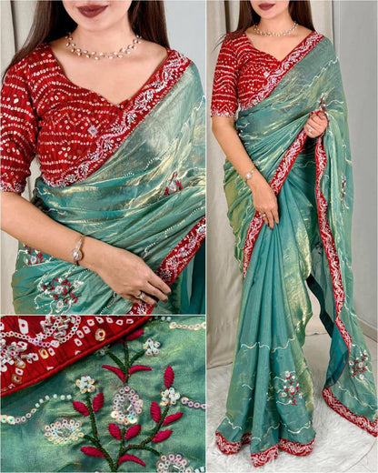 Premium Fandy Satin Saree – Pearl & Beads Embroidery with Bandhej Blouse