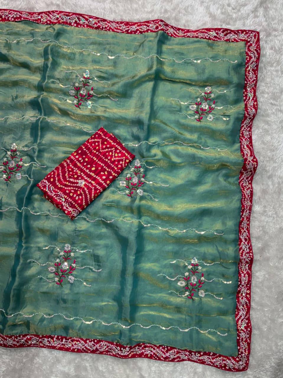 Premium Fandy Satin Saree – Pearl & Beads Embroidery with Bandhej Blouse
