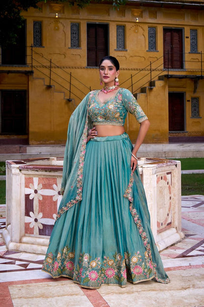 Premium Zari Shimmer Lehenga Choli – Sequins & Thread Embroidery