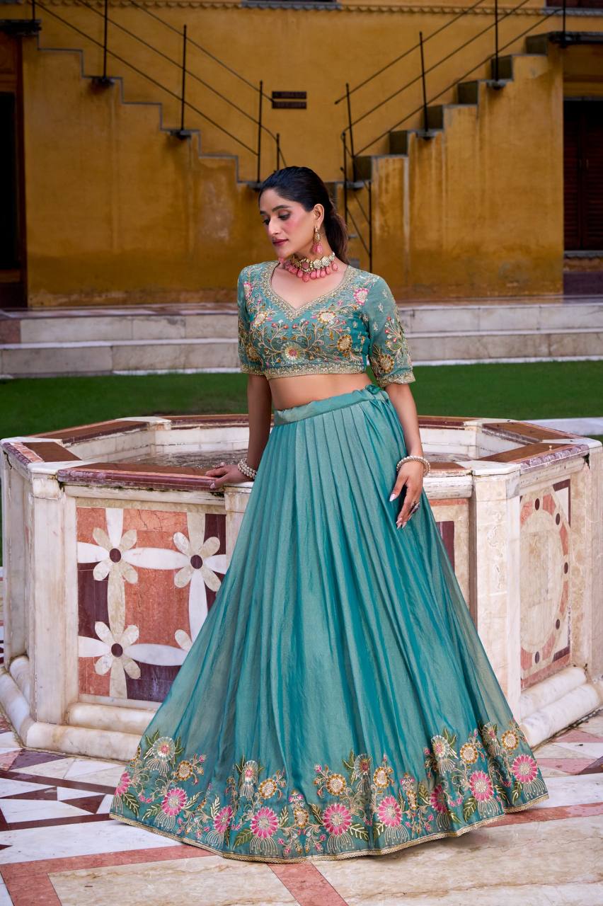 Premium Zari Shimmer Lehenga Choli – Sequins & Thread Embroidery