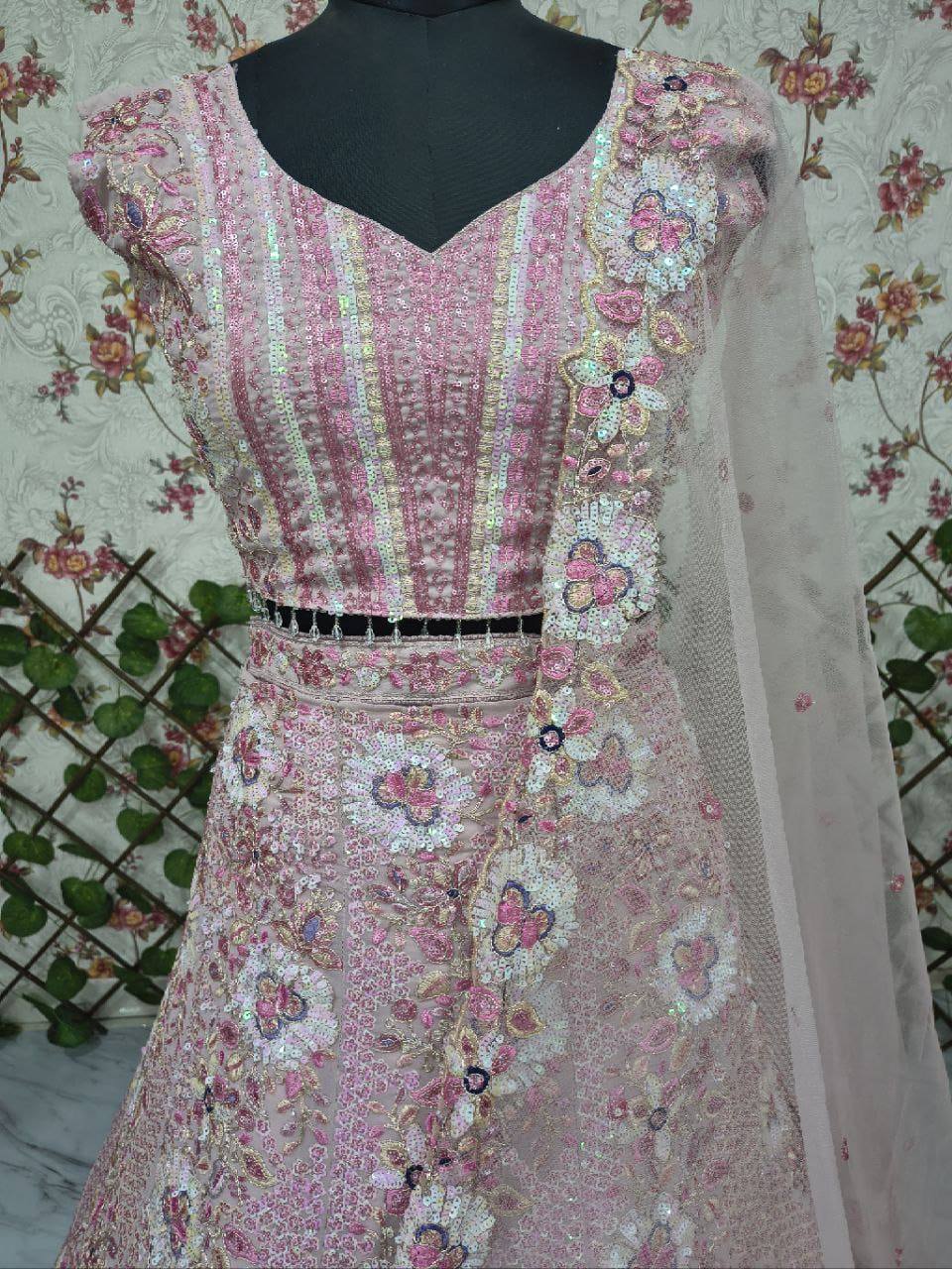 Premium Faux Georgette Lehenga Choli – Sequins, Thread & Coding Embroidery