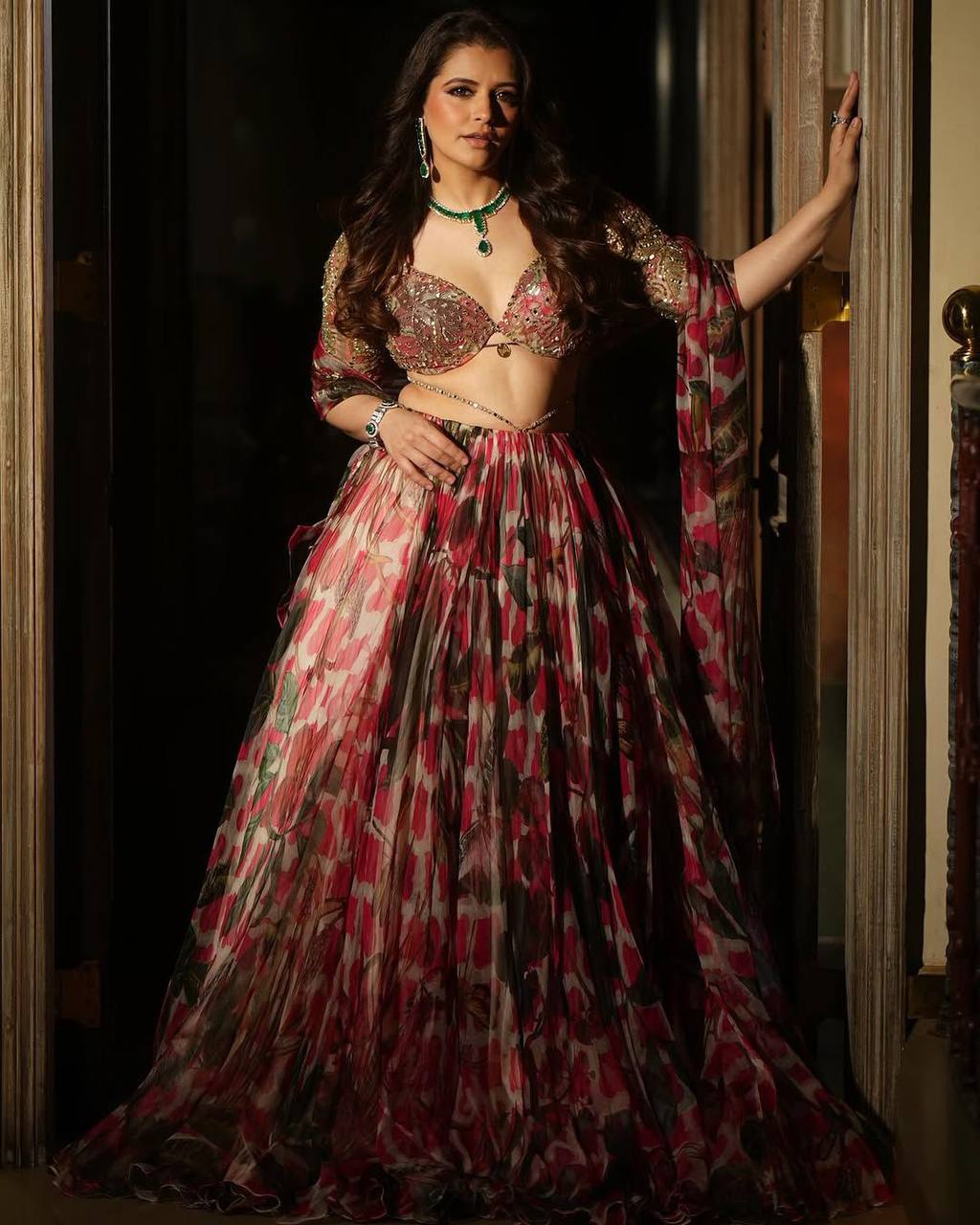 Premium Tabby Organza Silk Lehenga Choli – Floral Print with Sequins & Embroidery