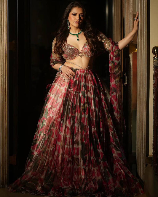 Premium Tabby Organza Silk Lehenga Choli – Floral Print with Sequins & Embroidery