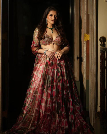 Premium Tabby Organza Silk Lehenga Choli – Floral Print with Sequins & Embroidery