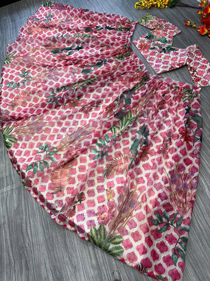 Premium Tabby Organza Silk Lehenga Choli – Floral Print with Sequins & Embroidery
