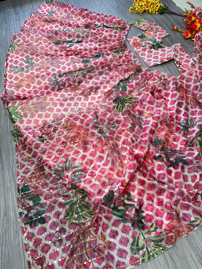 Premium Tabby Organza Silk Lehenga Choli – Floral Print with Sequins & Embroidery