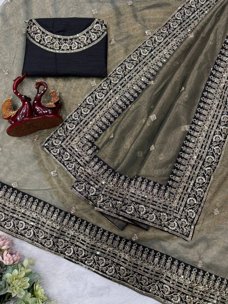 Premium Soft Twill Net Saree – Sequins & Dori Embroidery with Mono Banglori Blouse