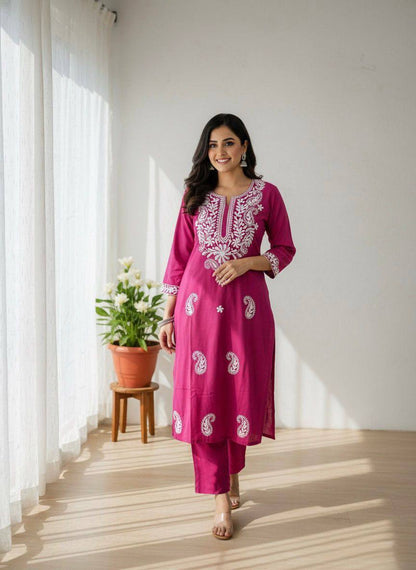 Premium Khadi Cotton Kurti Pant Set – Embroidery Work with Crepe Inner