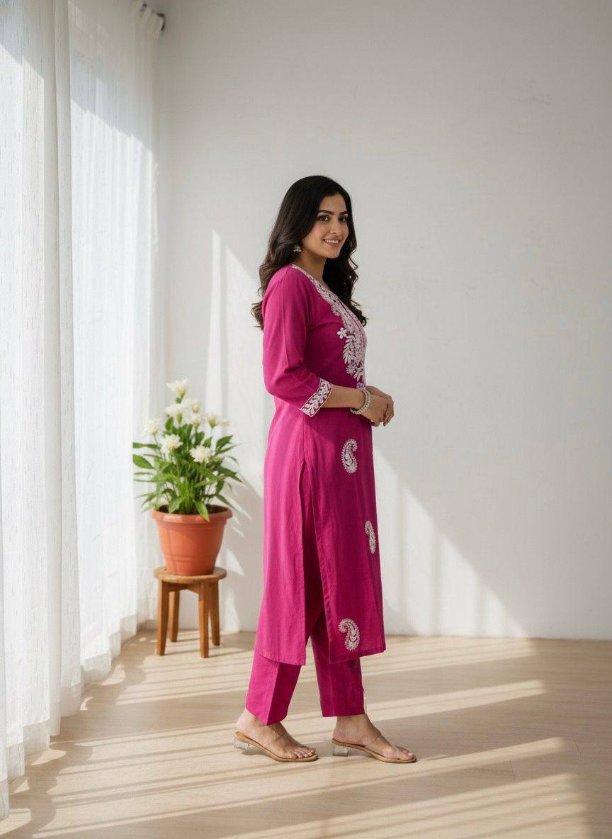 Premium Khadi Cotton Kurti Pant Set – Embroidery Work with Crepe Inner