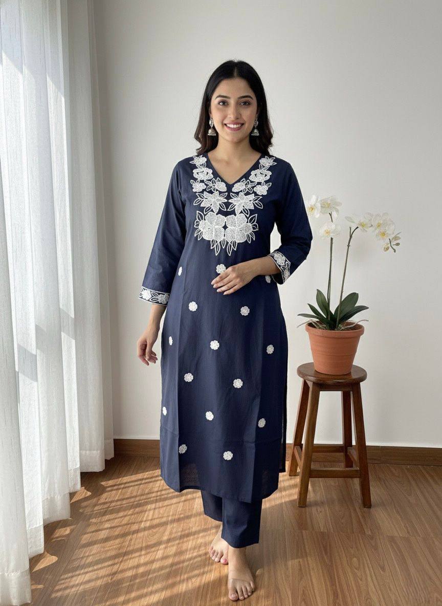 Premium Khadi Cotton Kurti Pant Set – Embroidery Work with Crepe Inner