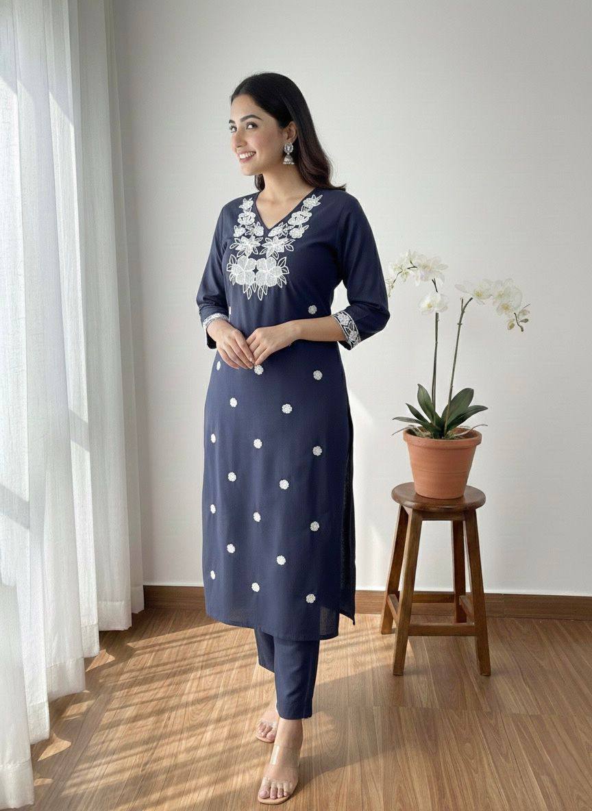 Premium Khadi Cotton Kurti Pant Set – Embroidery Work with Crepe Inner