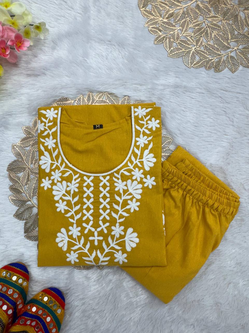 Premium Khadi Cotton Kurti Pant Set – Embroidery Work with Crepe Inner