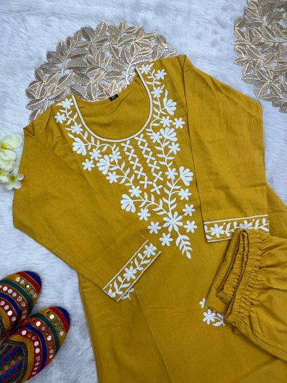 Premium Khadi Cotton Kurti Pant Set – Embroidery Work with Crepe Inner