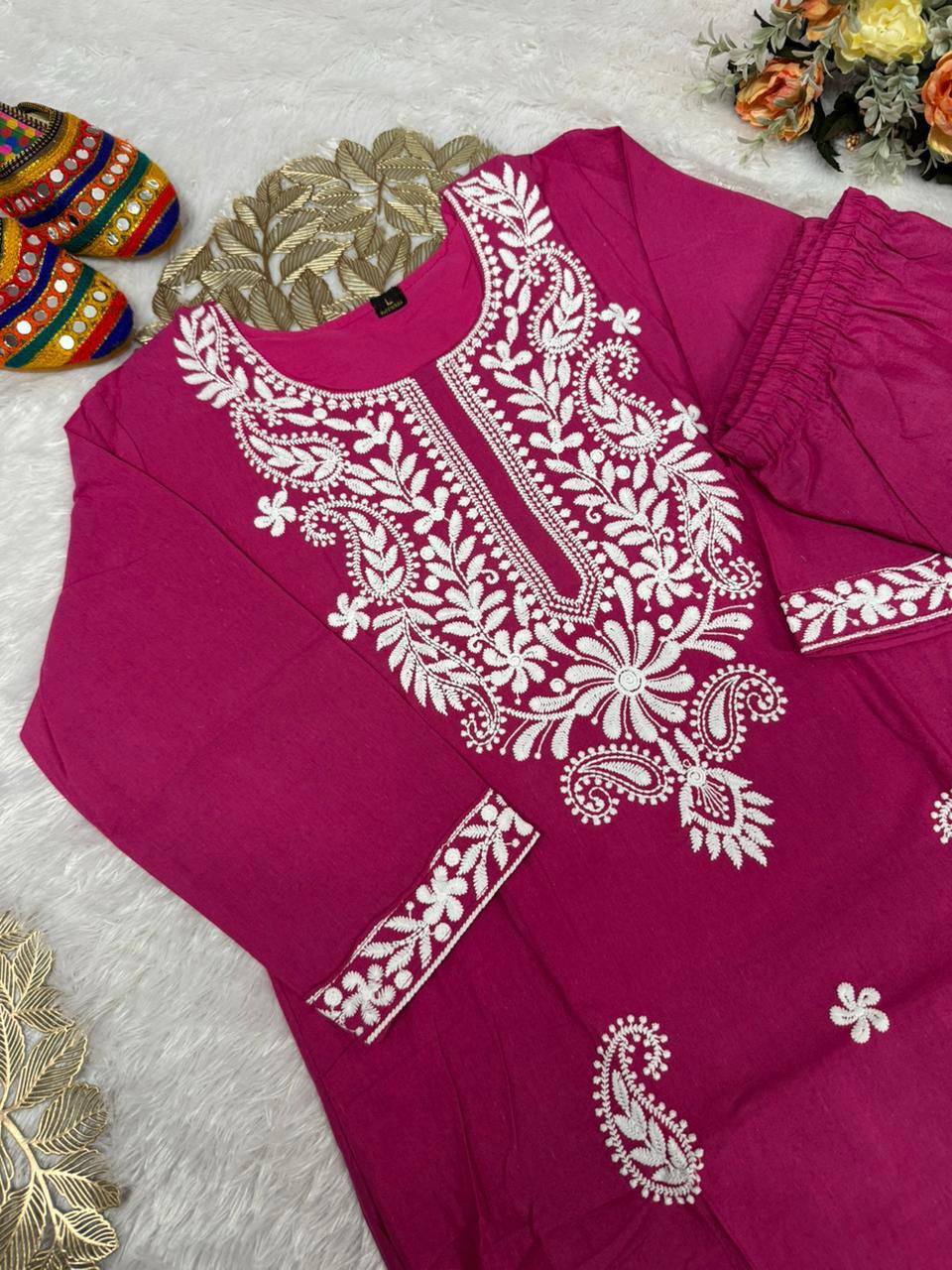 Premium Khadi Cotton Kurti Pant Set – Embroidery Work with Crepe Inner