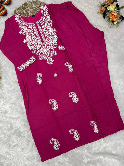 Premium Khadi Cotton Kurti Pant Set – Embroidery Work with Crepe Inner