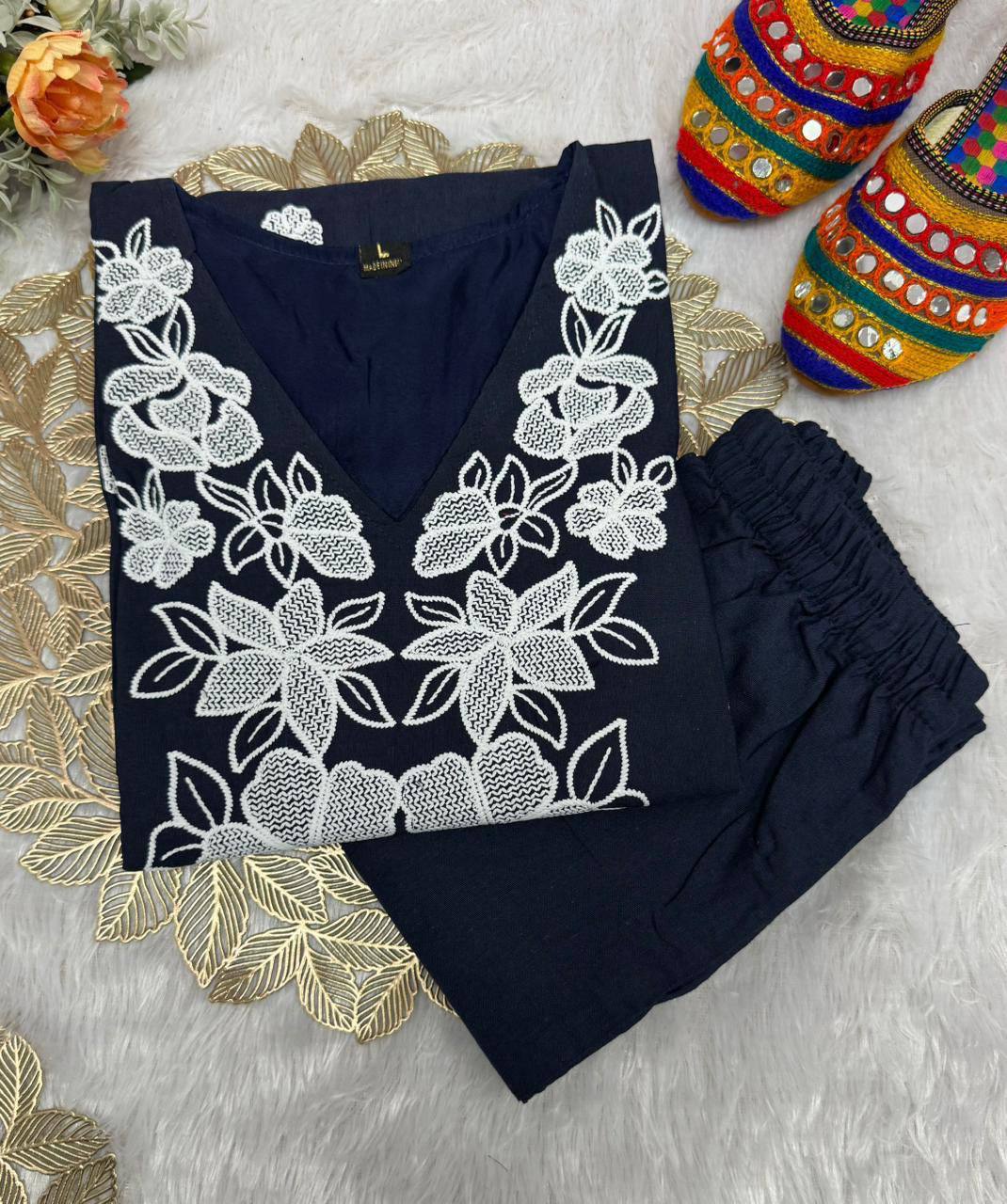 Premium Khadi Cotton Kurti Pant Set – Embroidery Work with Crepe Inner