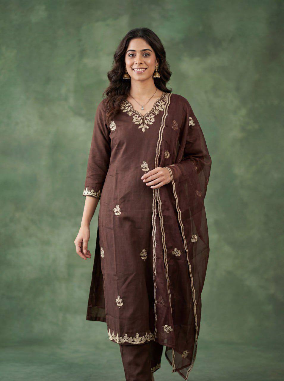 Premium Cotton Kurta Pant & Organza Dupatta Set – Embroidery Work