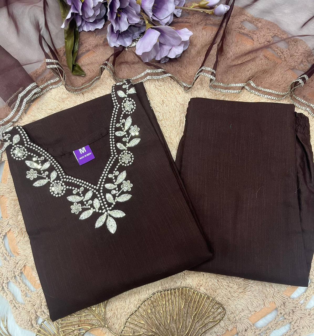 Premium Cotton Kurta Pant & Organza Dupatta Set – Embroidery Work