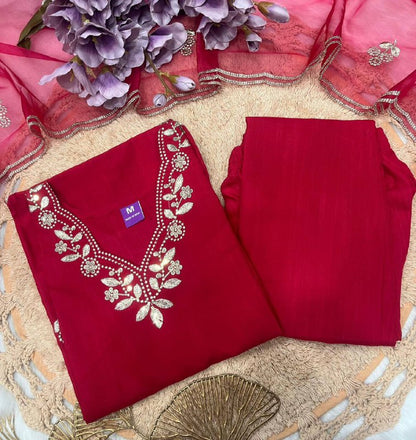 Premium Cotton Kurta Pant & Organza Dupatta Set – Embroidery Work