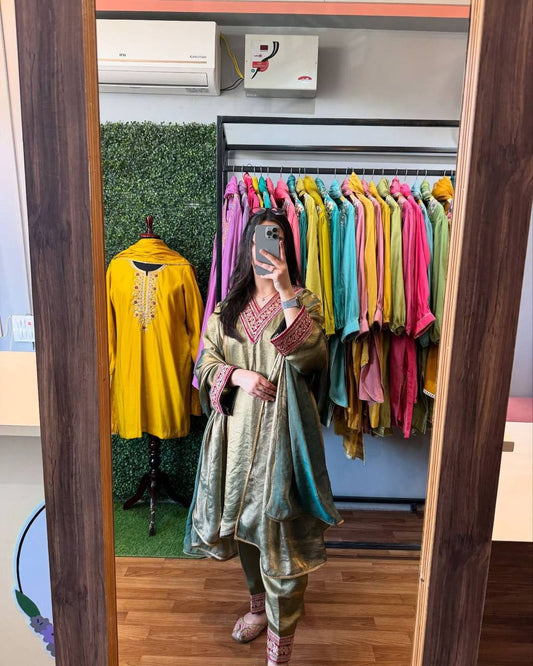 Premium Pure Gold Fendi Silk Top, Bottom & Dupatta