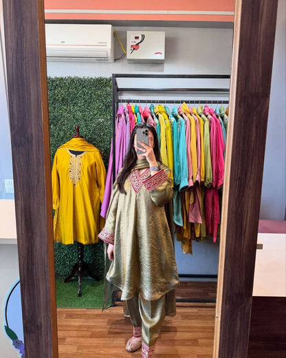 Premium Pure Gold Fendi Silk Top, Bottom & Dupatta