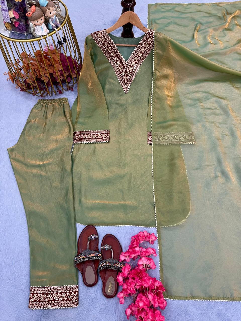 Premium Pure Gold Fendi Silk Top, Bottom & Dupatta
