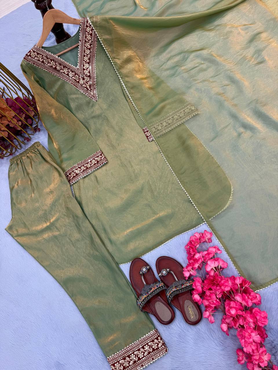 Premium Pure Gold Fendi Silk Top, Bottom & Dupatta