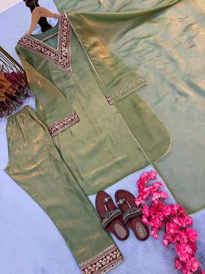 Premium Pure Gold Fendi Silk Top, Bottom & Dupatta