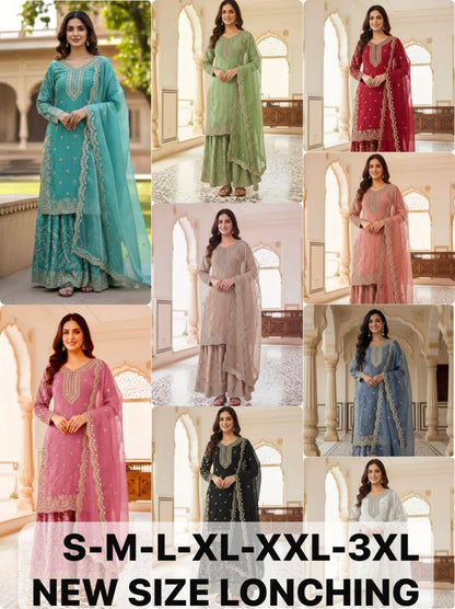 Premium Pure GMY Silk Top, Plazzo & Dupatta – Heavy Sequins, Coding Dori & Moti Hand Work
