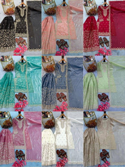 Premium Pure GMY Silk Top, Plazzo & Dupatta – Heavy Sequins, Coding Dori & Moti Hand Work
