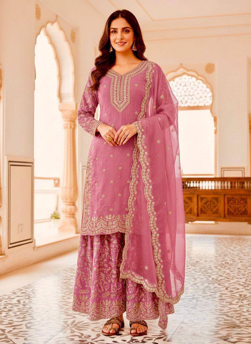 Premium Pure GMY Silk Top, Plazzo & Dupatta – Heavy Sequins, Coding Dori & Moti Hand Work