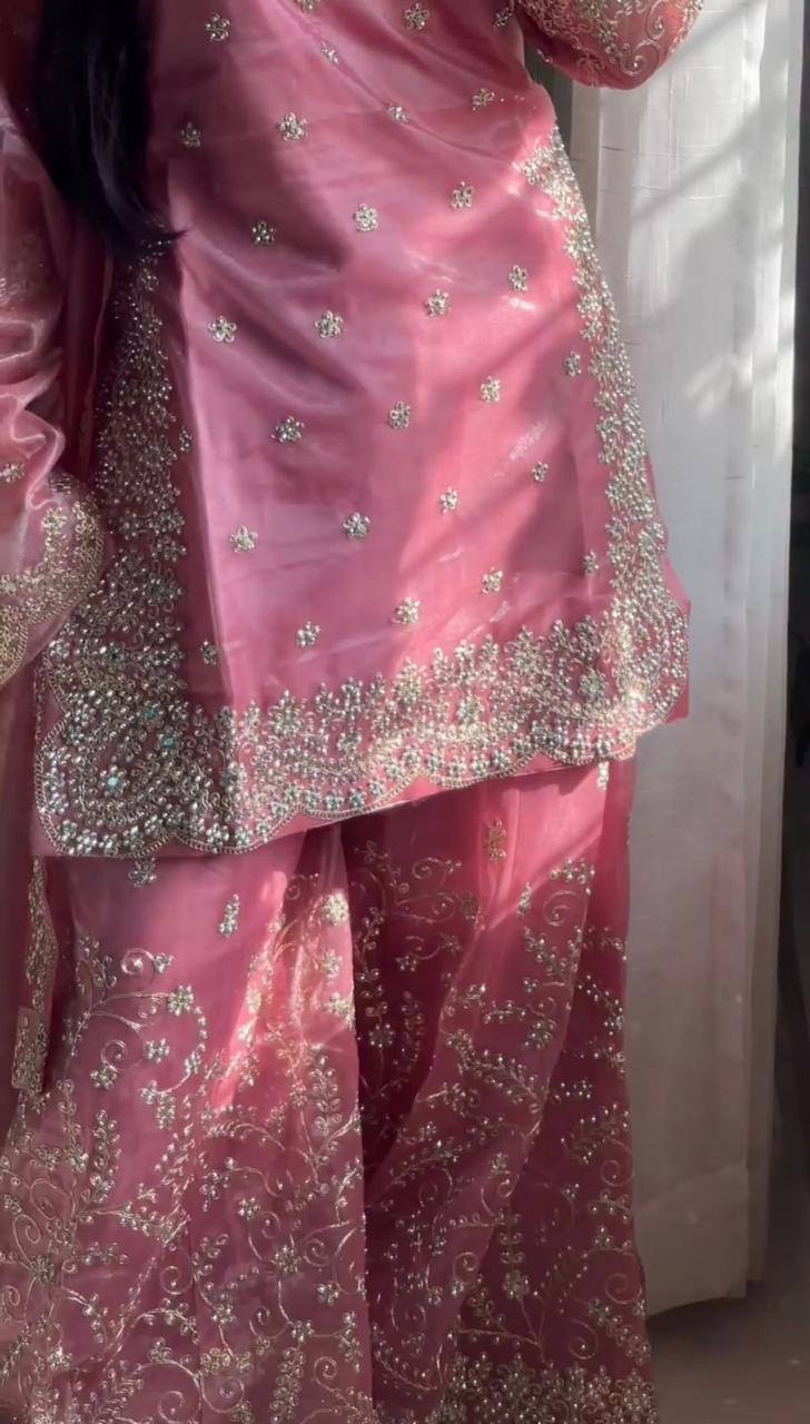 Premium Pure GMY Silk Top, Plazzo & Dupatta – Heavy Sequins, Coding Dori & Moti Hand Work