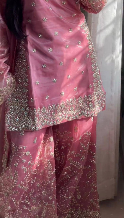Premium Pure GMY Silk Top, Plazzo & Dupatta – Heavy Sequins, Coding Dori & Moti Hand Work