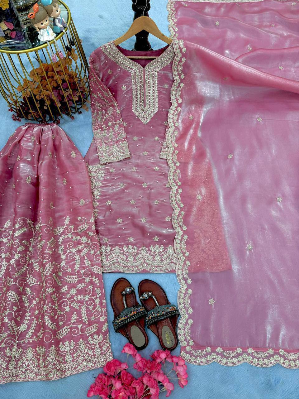 Premium Pure GMY Silk Top, Plazzo & Dupatta – Heavy Sequins, Coding Dori & Moti Hand Work