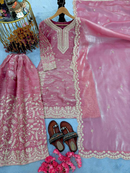 Premium Pure GMY Silk Top, Plazzo & Dupatta – Heavy Sequins, Coding Dori & Moti Hand Work