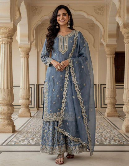 Premium Pure GMY Silk Top, Plazzo & Dupatta – Heavy Sequins, Coding Dori & Moti Hand Work
